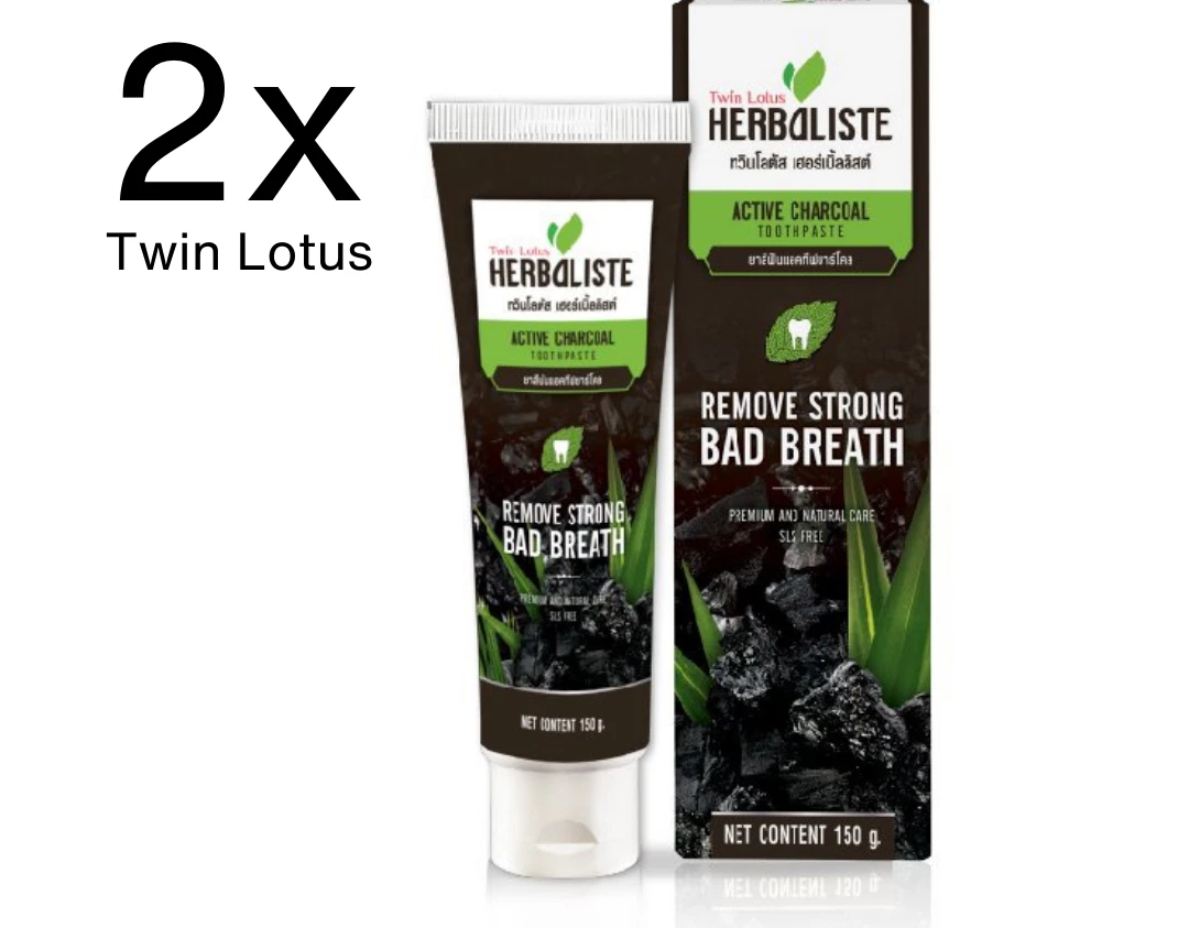 2x150g. Twin Lotus Active Charcoal Thai Herbal Toothpaste for Teeth Oral Care