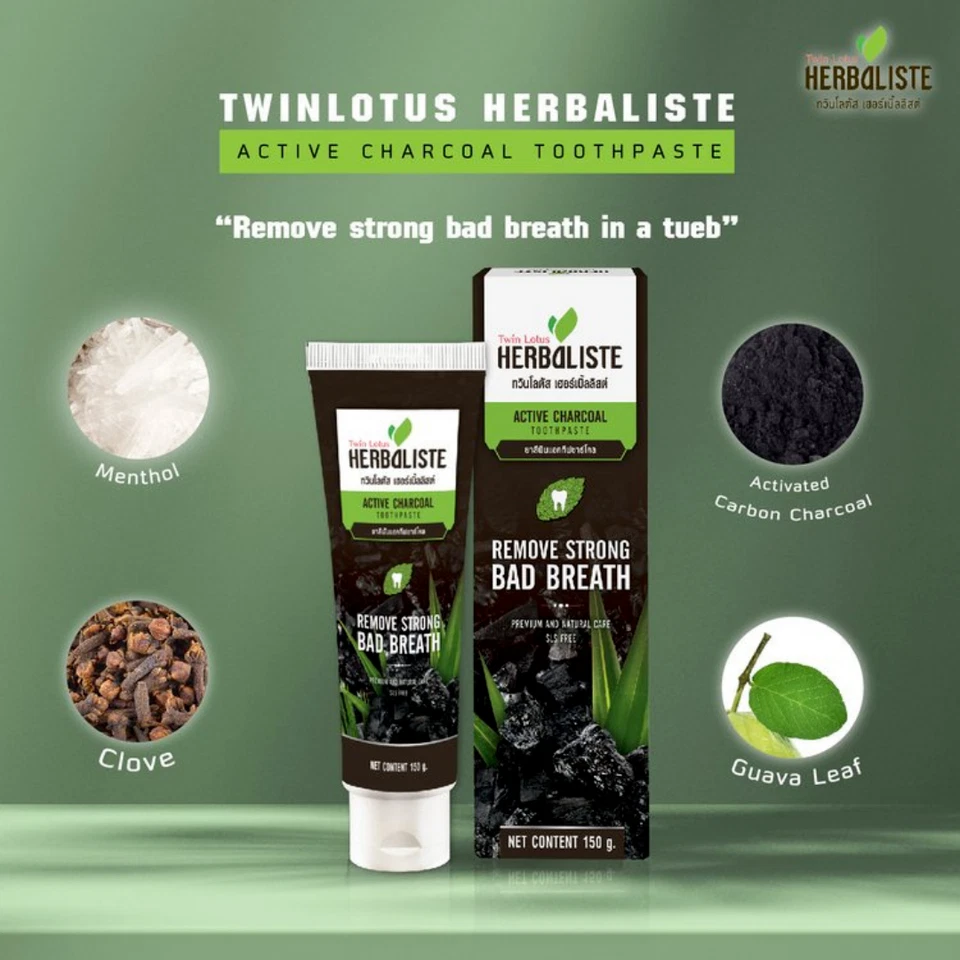 2x150g. Twin Lotus Active Charcoal Thai Herbal Toothpaste for Teeth Oral Care