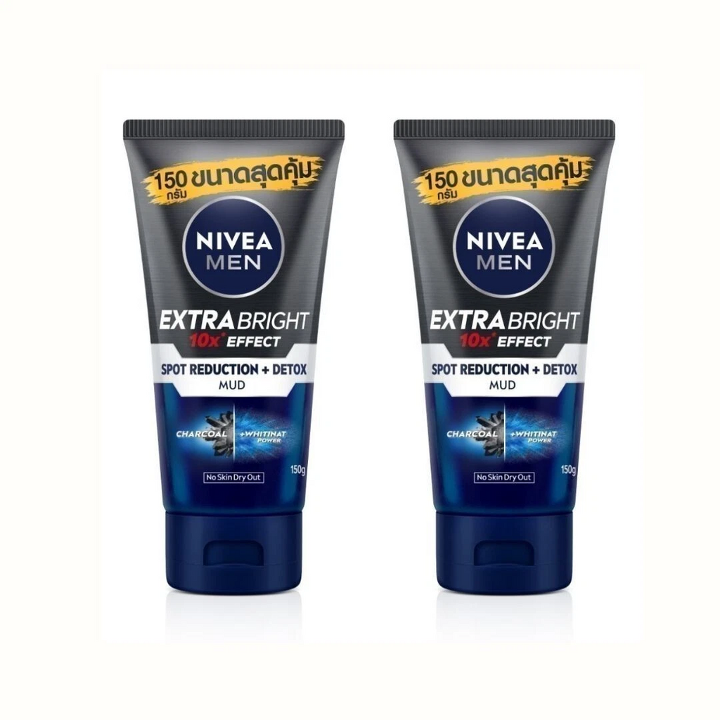 2x150g NIVEA Men Extra Bright Mud Foam Facial Whitening Effect 10X Face Wash