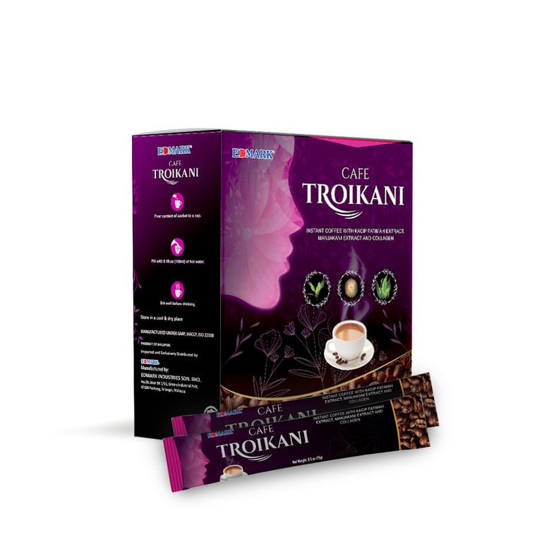 EDMARK CAFE TROIKANI, a unique coffee blend enriched with essential components specifically tailored to support women's holistic vitality